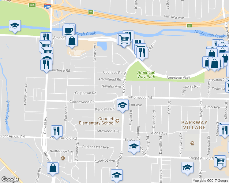 map of restaurants, bars, coffee shops, grocery stores, and more near 4236 Chippewa Road in Memphis