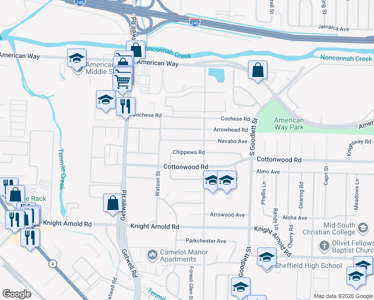map of restaurants, bars, coffee shops, grocery stores, and more near 4107 Chippewa Road in Memphis
