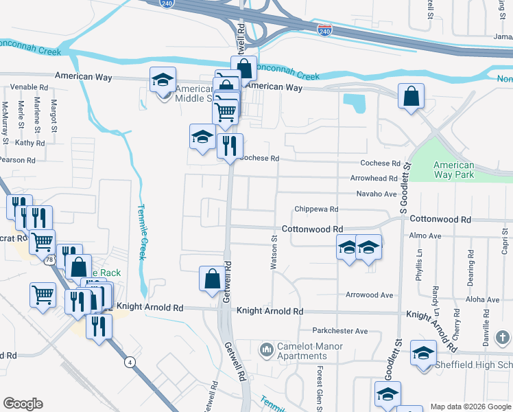 map of restaurants, bars, coffee shops, grocery stores, and more near 3973 Chippewa Road in Memphis