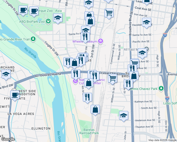 map of restaurants, bars, coffee shops, grocery stores, and more near 1521 3rd Street Southwest in Albuquerque