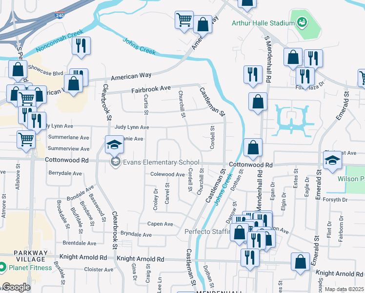 map of restaurants, bars, coffee shops, grocery stores, and more near 5122 Ginger Circle in Memphis