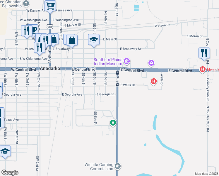 map of restaurants, bars, coffee shops, grocery stores, and more near 604 East Virginia Avenue in Anadarko