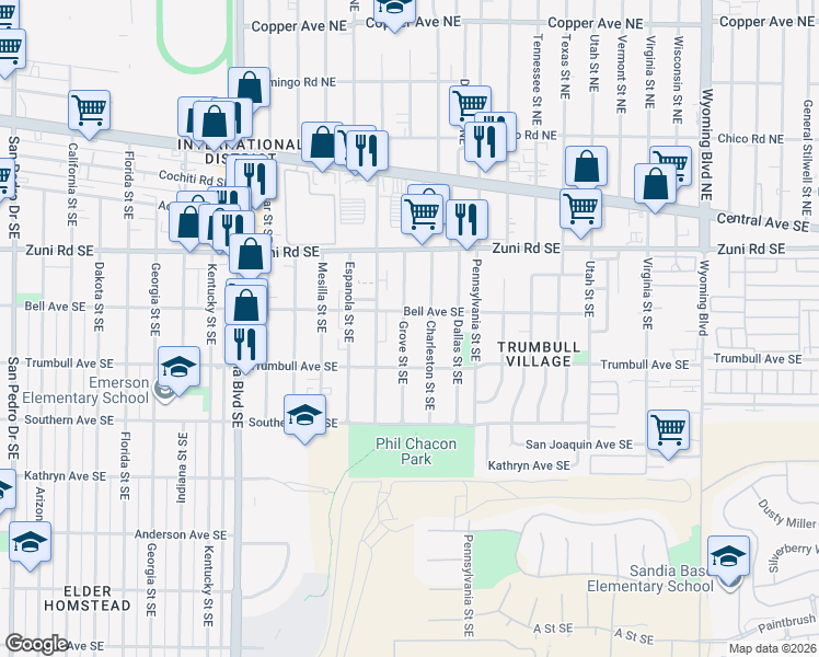 map of restaurants, bars, coffee shops, grocery stores, and more near 421 Charleston Street Southeast in Albuquerque