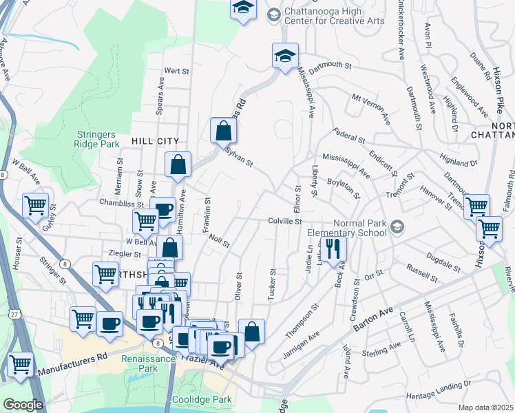 map of restaurants, bars, coffee shops, grocery stores, and more near 712 Forest Avenue in Chattanooga