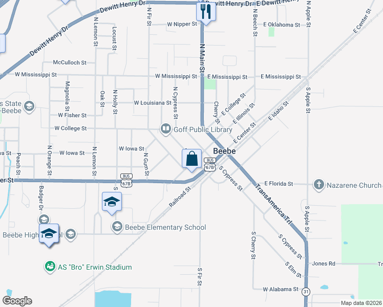 map of restaurants, bars, coffee shops, grocery stores, and more near 208 Elm Street North in Beebe