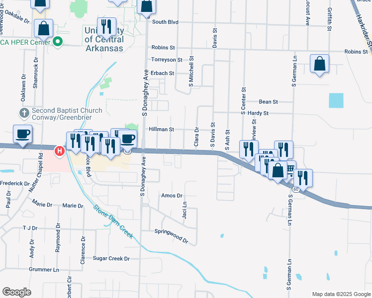 map of restaurants, bars, coffee shops, grocery stores, and more near 1916 Dave Ward Drive in Conway