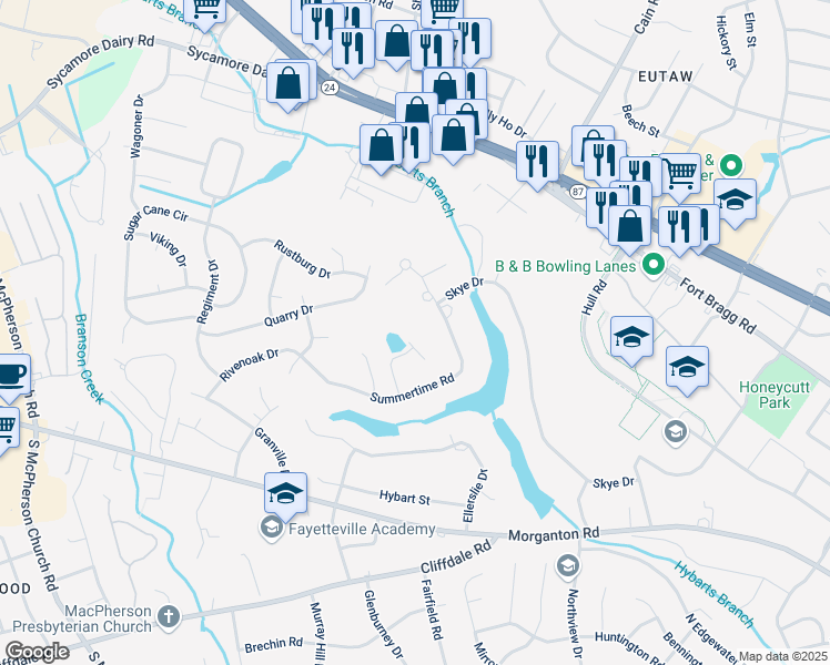 map of restaurants, bars, coffee shops, grocery stores, and more near 382 Echo Ln in Fayetteville