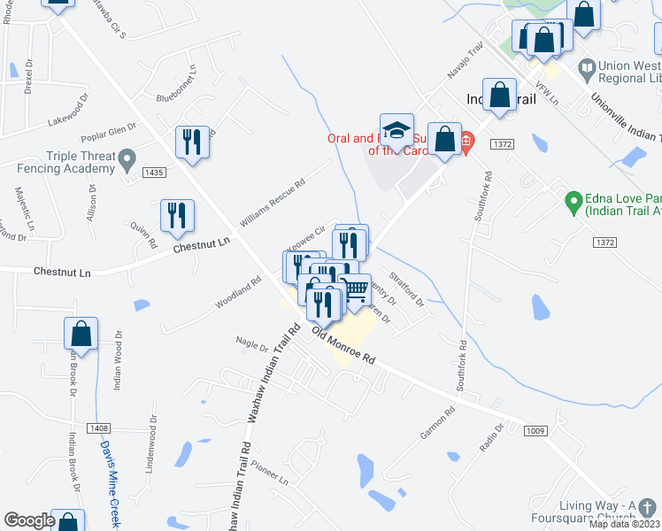map of restaurants, bars, coffee shops, grocery stores, and more near 113 Cherokee Lane in Indian Trail