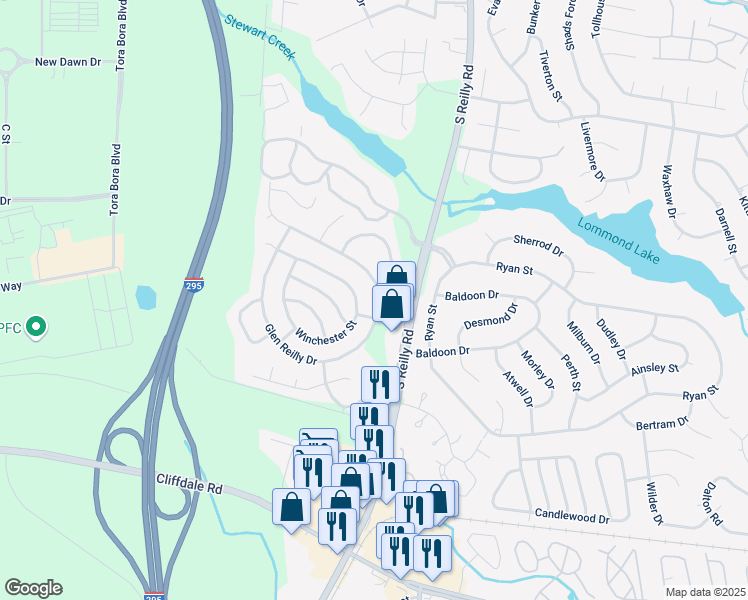 map of restaurants, bars, coffee shops, grocery stores, and more near 1009 Glen Reilly Drive in Fayetteville