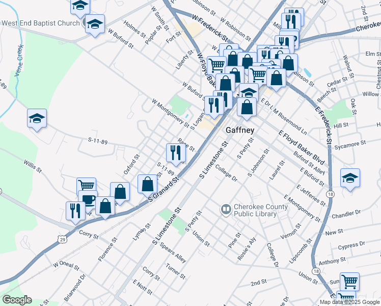 map of restaurants, bars, coffee shops, grocery stores, and more near 400 South Granard Street in Gaffney