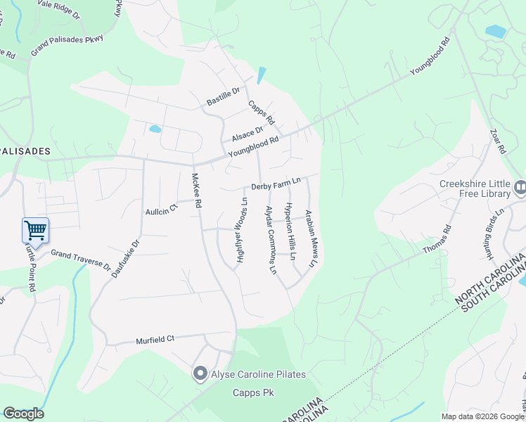 map of restaurants, bars, coffee shops, grocery stores, and more near 13626 Highflyer Woods Lane in Charlotte