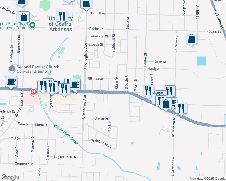 map of restaurants, bars, coffee shops, grocery stores, and more near 1916 Dave Ward Drive in Conway