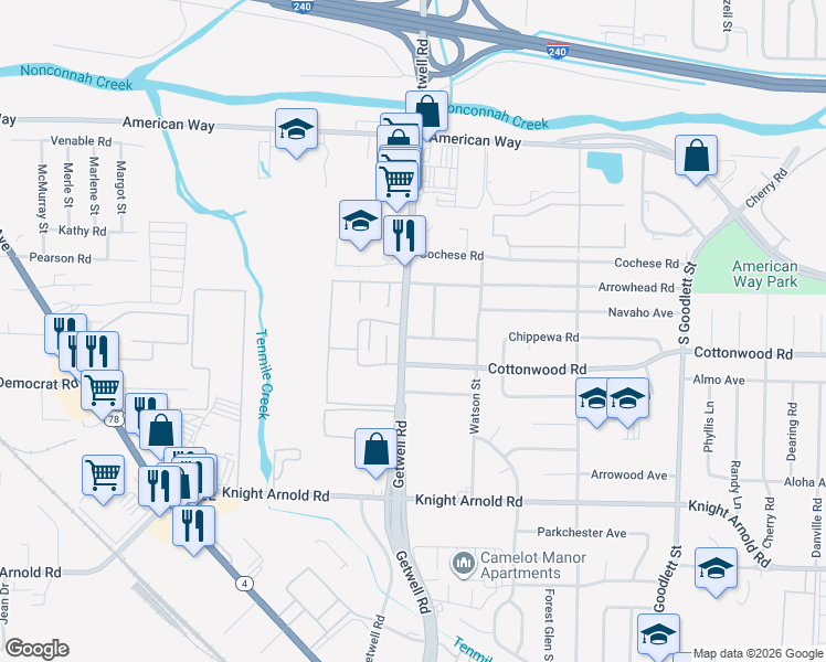 map of restaurants, bars, coffee shops, grocery stores, and more near 3973 Chippewa Road in Memphis