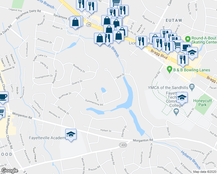 map of restaurants, bars, coffee shops, grocery stores, and more near 382 Echo Lane in Fayetteville