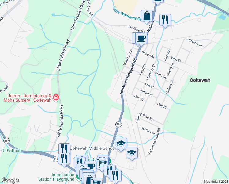map of restaurants, bars, coffee shops, grocery stores, and more near 5416 Watkins Street in Ooltewah