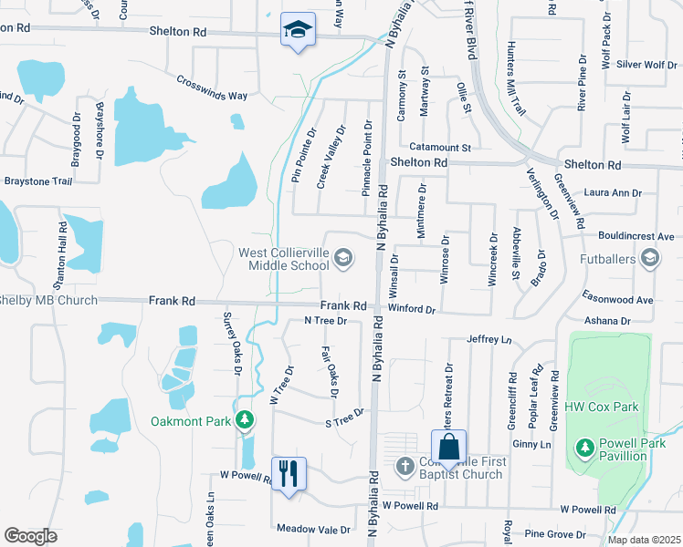 map of restaurants, bars, coffee shops, grocery stores, and more near 1101 North Byhalia Road in Collierville