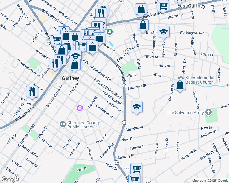 map of restaurants, bars, coffee shops, grocery stores, and more near 353 East Floyd Baker Boulevard in Gaffney
