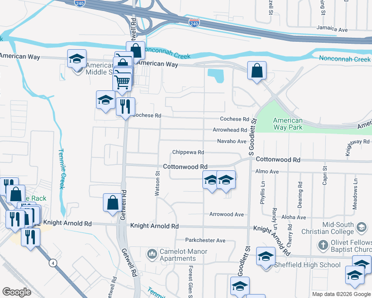 map of restaurants, bars, coffee shops, grocery stores, and more near 4107 Chippewa Road in Memphis
