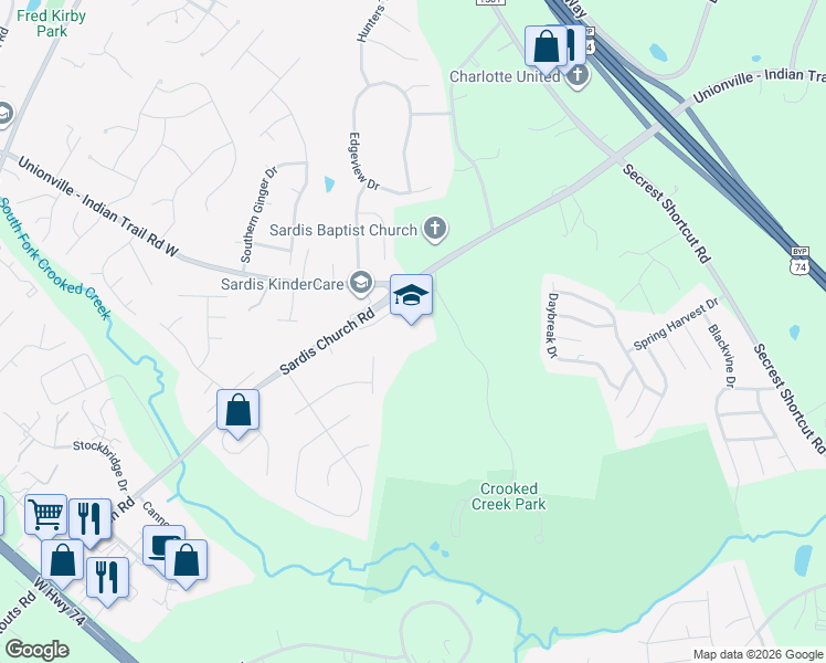 map of restaurants, bars, coffee shops, grocery stores, and more near 4416 Sardis Church Road in Monroe
