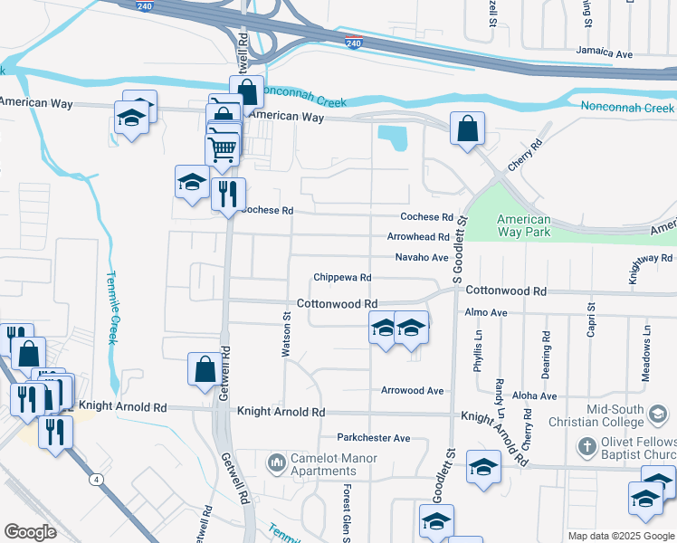map of restaurants, bars, coffee shops, grocery stores, and more near 4100 Chippewa Road in Memphis