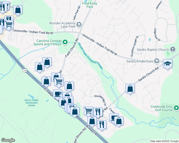 map of restaurants, bars, coffee shops, grocery stores, and more near 1206 Loring Drive in Indian Trail