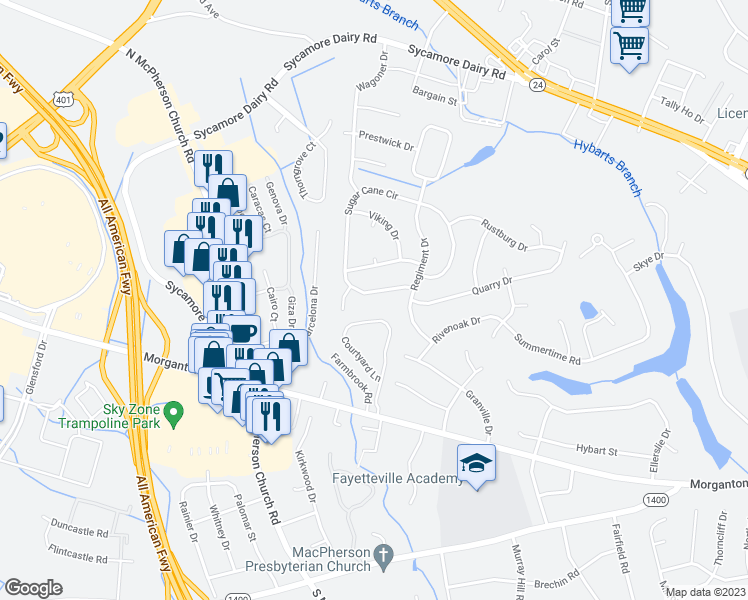 map of restaurants, bars, coffee shops, grocery stores, and more near 3419 Sugar Cane Circle in Fayetteville