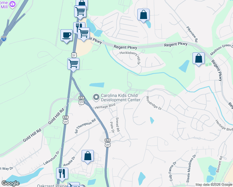 map of restaurants, bars, coffee shops, grocery stores, and more near 211 Heritage Boulevard in Fort Mill