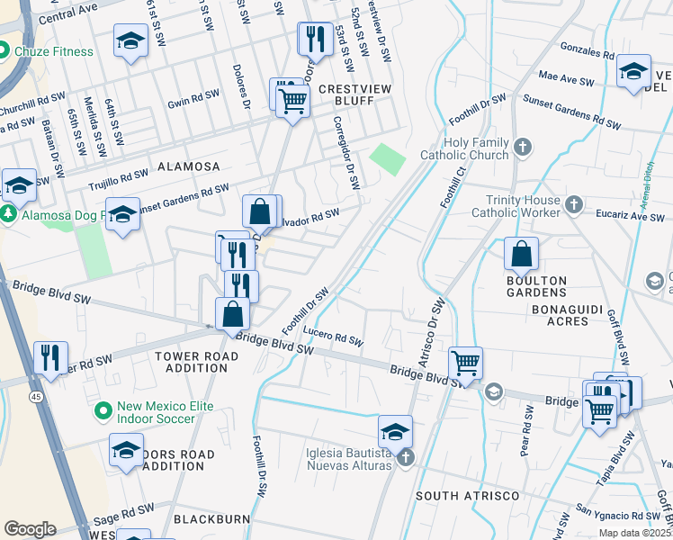 map of restaurants, bars, coffee shops, grocery stores, and more near 851 Foothill Drive Southwest in Albuquerque