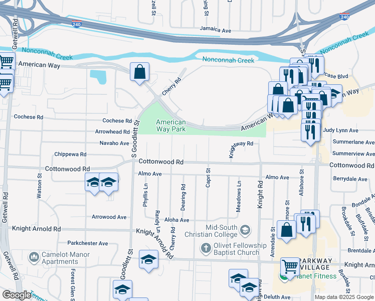 map of restaurants, bars, coffee shops, grocery stores, and more near 2892 Danville Cove in Memphis