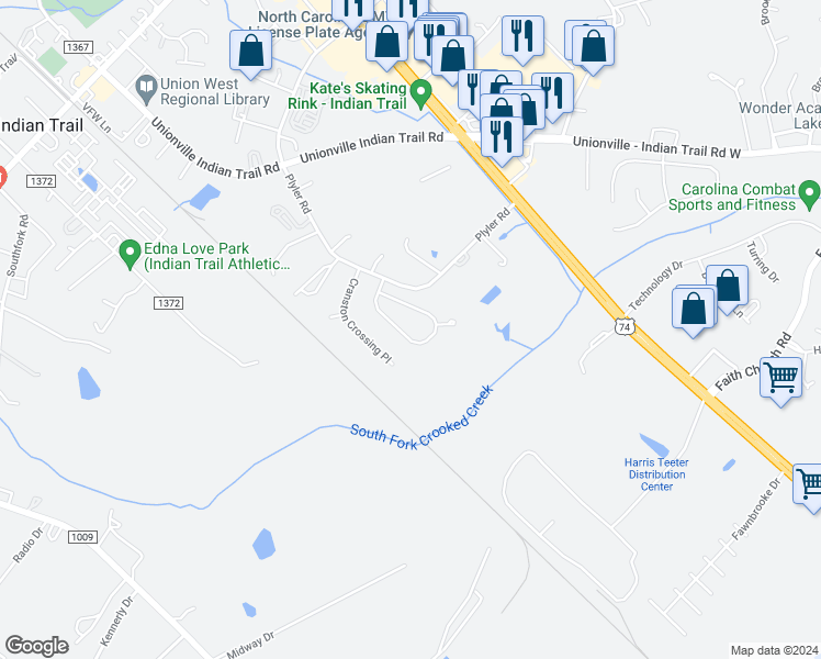 map of restaurants, bars, coffee shops, grocery stores, and more near 1014 Ridgefield Circle in Indian Trail