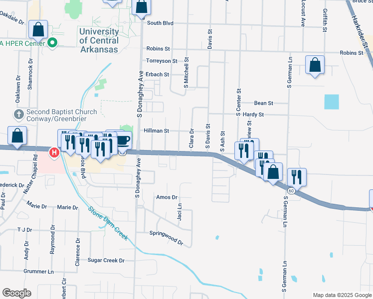map of restaurants, bars, coffee shops, grocery stores, and more near 1916 Dave Ward Drive in Conway