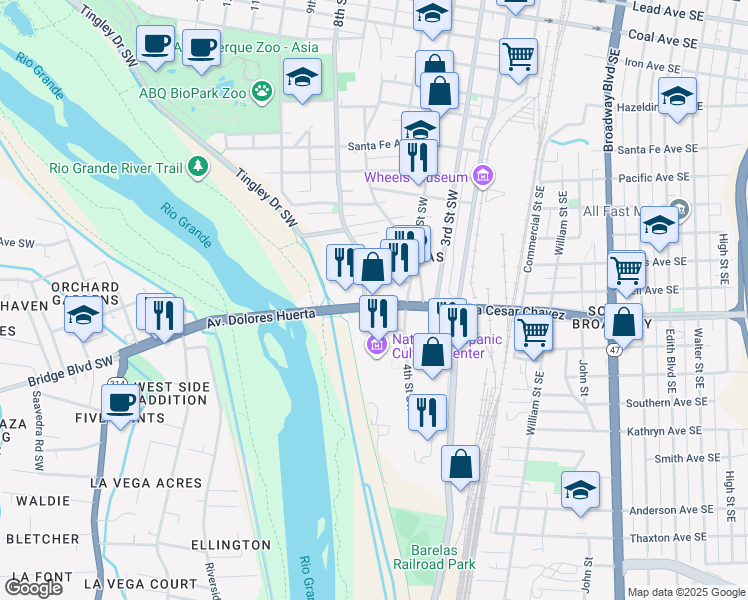 map of restaurants, bars, coffee shops, grocery stores, and more near 511 Bridge Boulevard Southwest in Albuquerque