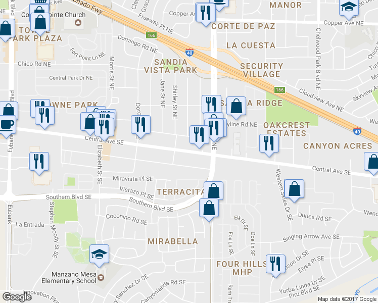 map of restaurants, bars, coffee shops, grocery stores, and more near Central Avenue Northeast in Albuquerque
