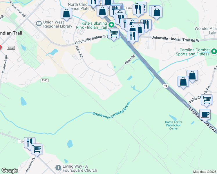 map of restaurants, bars, coffee shops, grocery stores, and more near 1014 Ridgefield Circle in Indian Trail