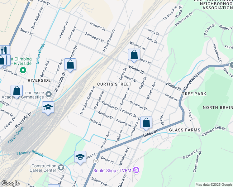 map of restaurants, bars, coffee shops, grocery stores, and more near 2802 Curtis Street in Chattanooga