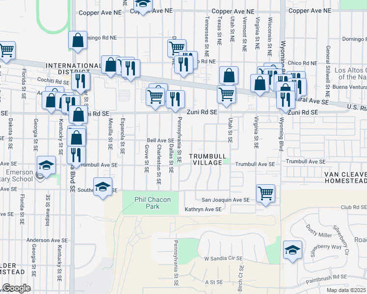 map of restaurants, bars, coffee shops, grocery stores, and more near 420 Pennsylvania Street Southeast in Albuquerque