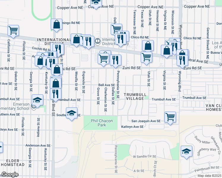 map of restaurants, bars, coffee shops, grocery stores, and more near 419 Pennsylvania Street Southeast in Albuquerque
