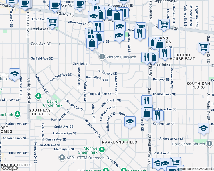 map of restaurants, bars, coffee shops, grocery stores, and more near 4708 Pershing Avenue Southeast in Albuquerque