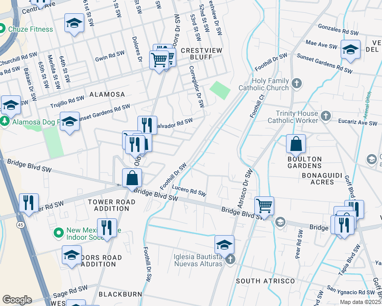 map of restaurants, bars, coffee shops, grocery stores, and more near 851 Foothill Drive Southwest in Albuquerque