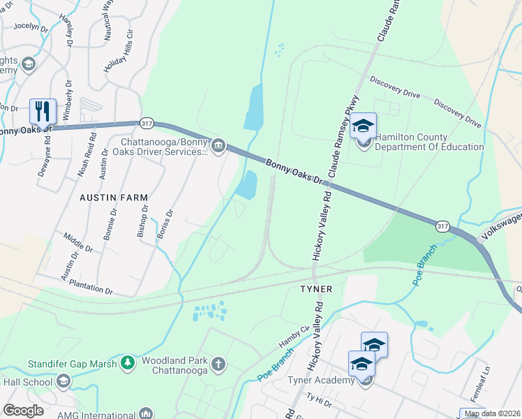 map of restaurants, bars, coffee shops, grocery stores, and more near 7460 Bonnyshire Drive in Chattanooga