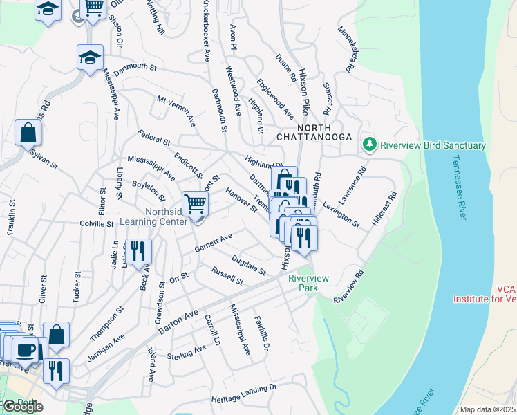 map of restaurants, bars, coffee shops, grocery stores, and more near 1214 Hanover Street in Chattanooga