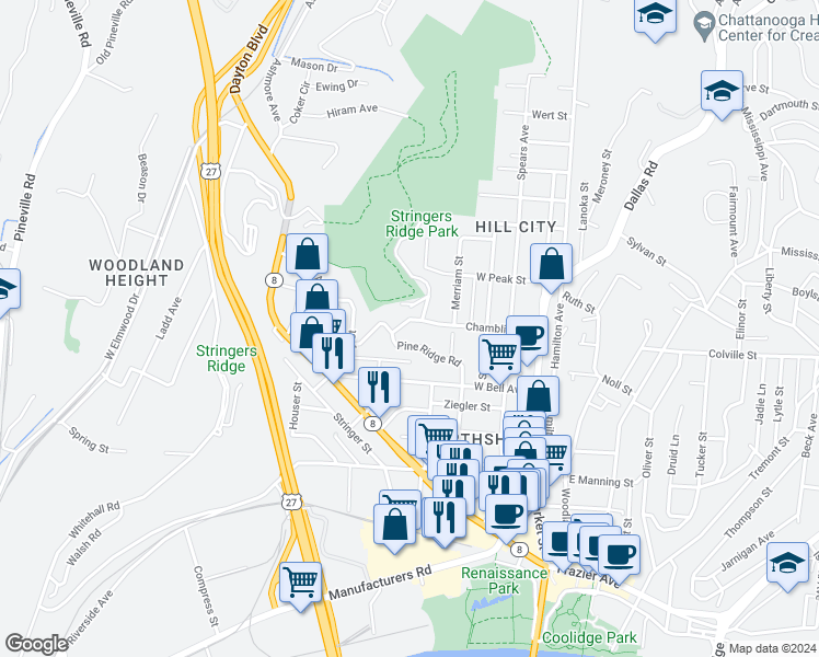 map of restaurants, bars, coffee shops, grocery stores, and more near 319 Pine Ridge Road in Chattanooga