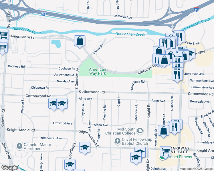 map of restaurants, bars, coffee shops, grocery stores, and more near 2892 Danville Cove in Memphis
