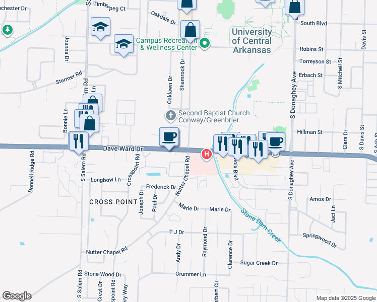 map of restaurants, bars, coffee shops, grocery stores, and more near 2505 Nutter in Conway