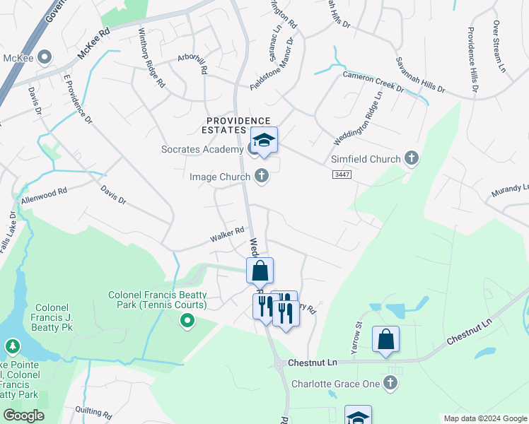 map of restaurants, bars, coffee shops, grocery stores, and more near 3724 Franklin Meadows Drive in Matthews