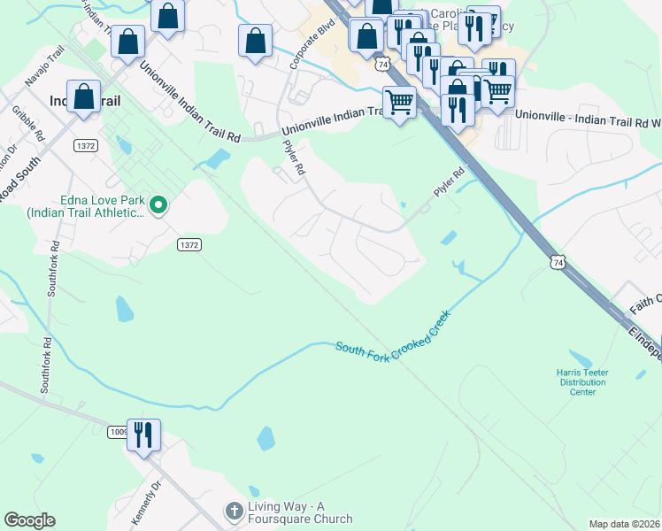 map of restaurants, bars, coffee shops, grocery stores, and more near 1002 Rhode Island Court in Indian Trail