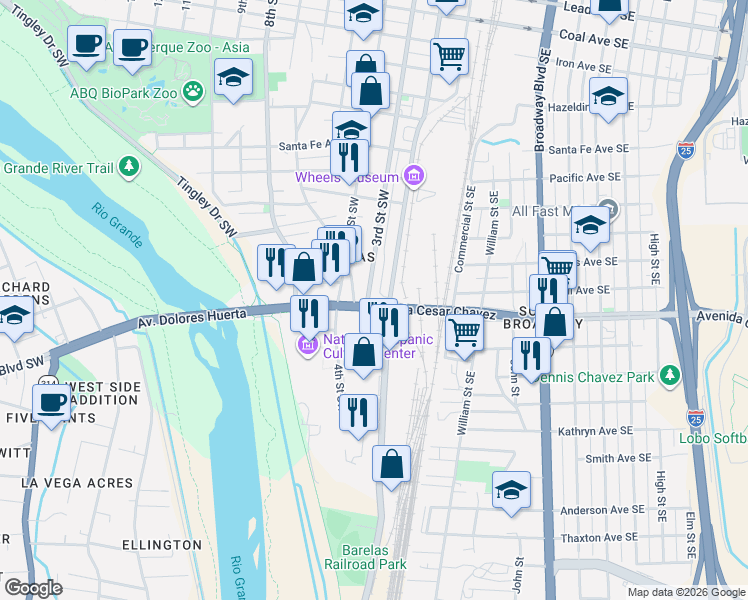 map of restaurants, bars, coffee shops, grocery stores, and more near 1521 3rd Street Southwest in Albuquerque