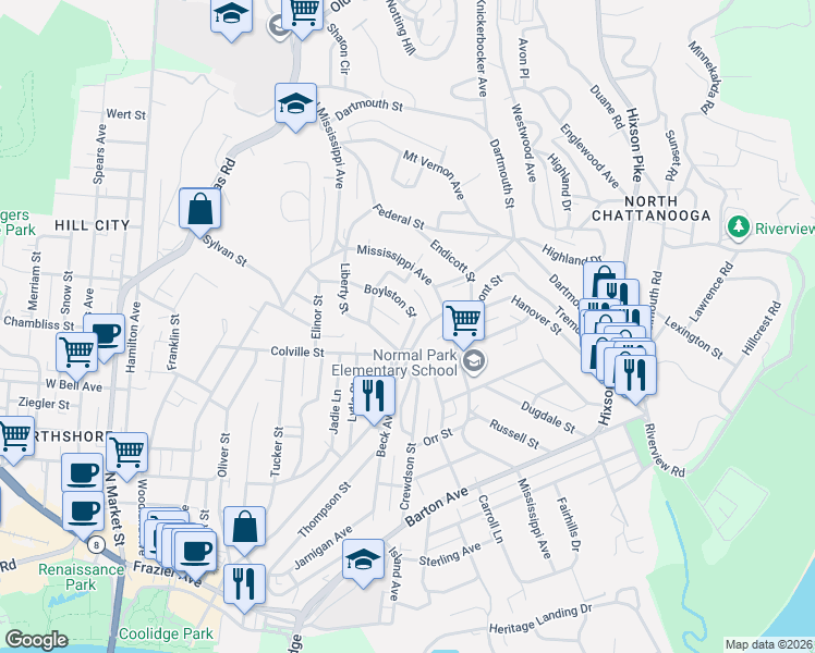 map of restaurants, bars, coffee shops, grocery stores, and more near 908 Boylston Street in Chattanooga