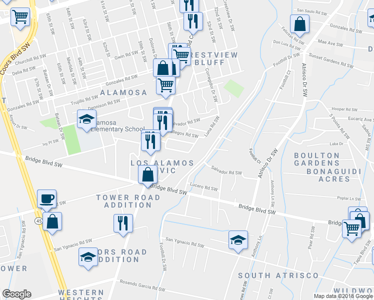 map of restaurants, bars, coffee shops, grocery stores, and more near 5605 Alta Vista Court Southwest in Albuquerque