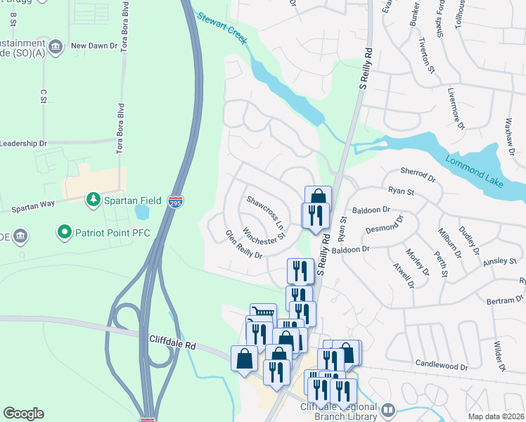 map of restaurants, bars, coffee shops, grocery stores, and more near 6831 Torrance Lane in Fayetteville